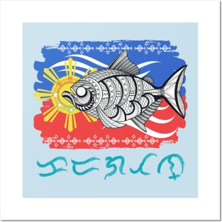 Tribal line Art Fish / Baybayin word Karagatan (Ocean) Posters and Art